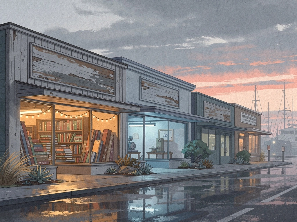 Painting of a small-town main street at dusk on the Oregon coast